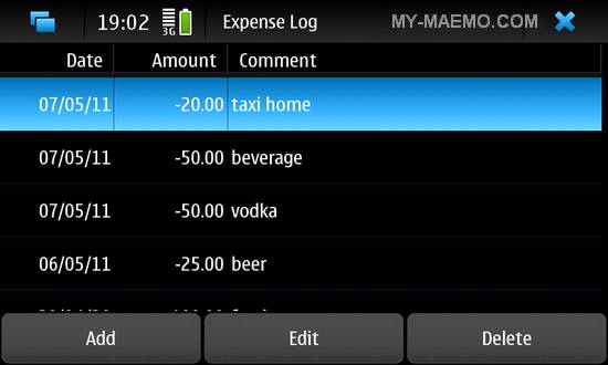 Expense Log for Nokia N900 / Maemo 5